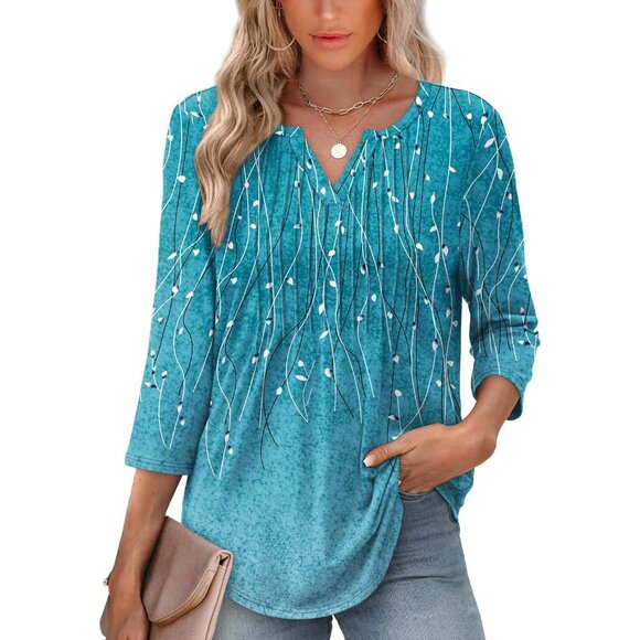 Tops - Women's 3/4 Sleeve V-Neck Blouses Pleated Casual Tops for Fall and Vacation